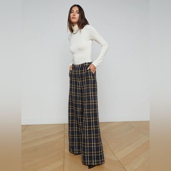 LAGENCE Pilar Wide Leg Satin Pant Plaid Tweed Print Trouser Size 2 - Picture 1 of 4
